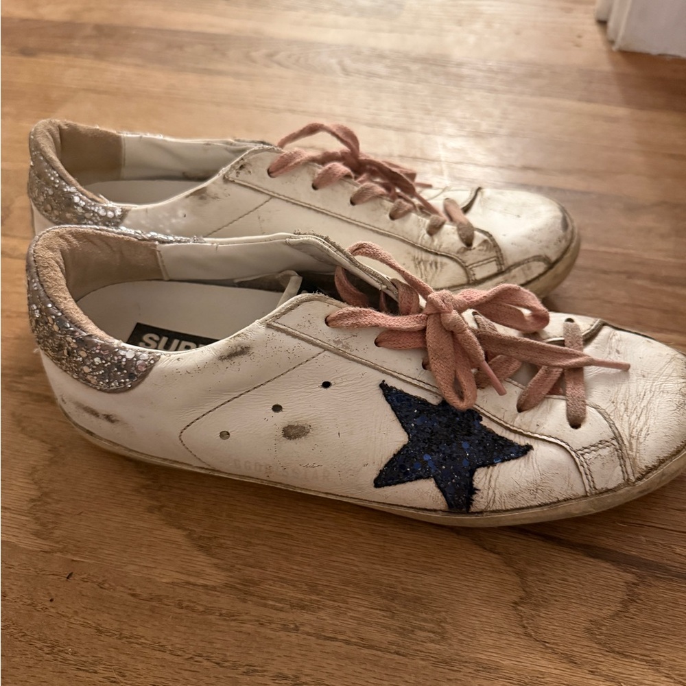 Golden Goose Super Star Sneakers with Blue Star and Silver Heel Tab
